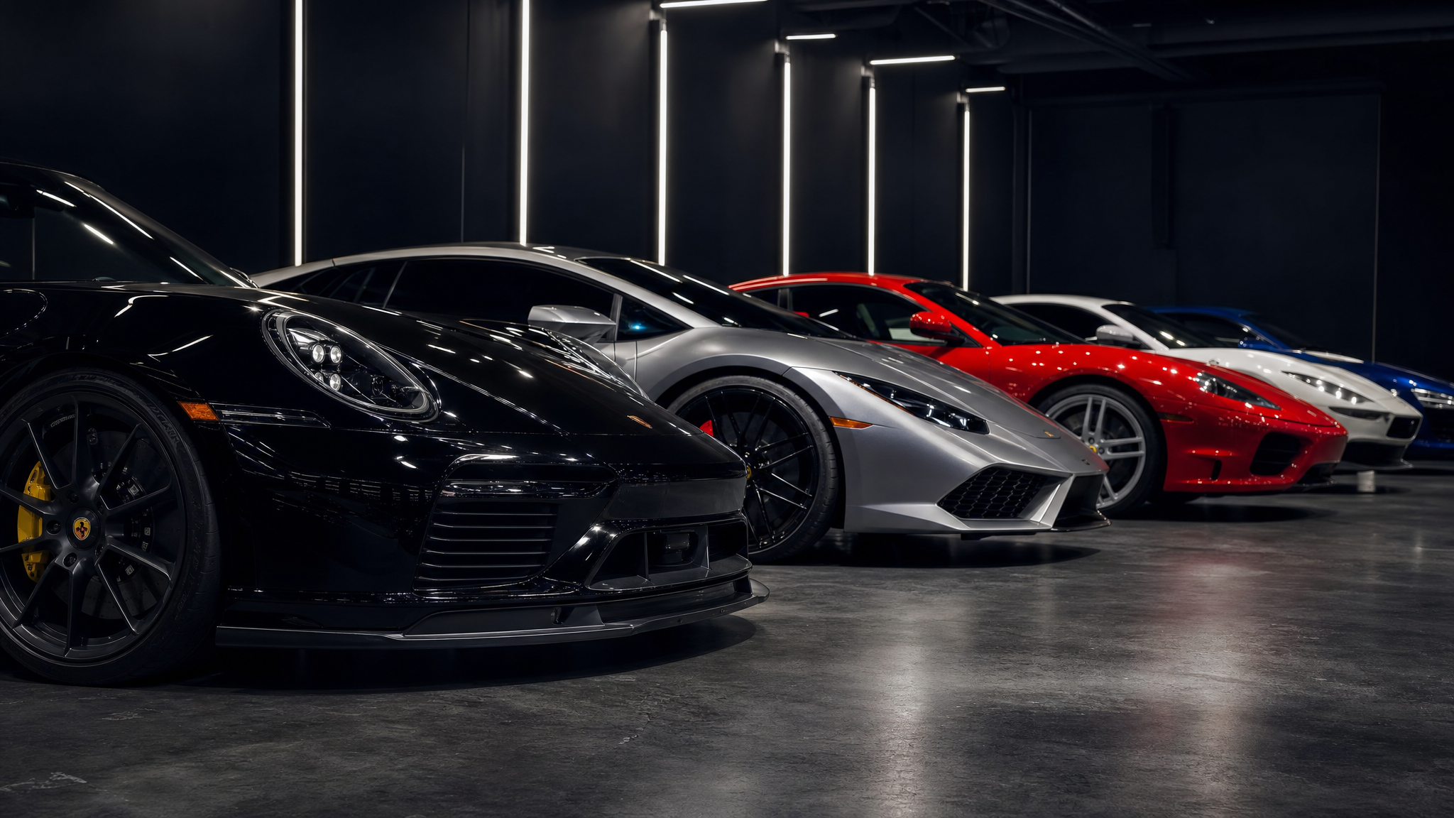 Automóveis de luxo em showroom cinematográfico
